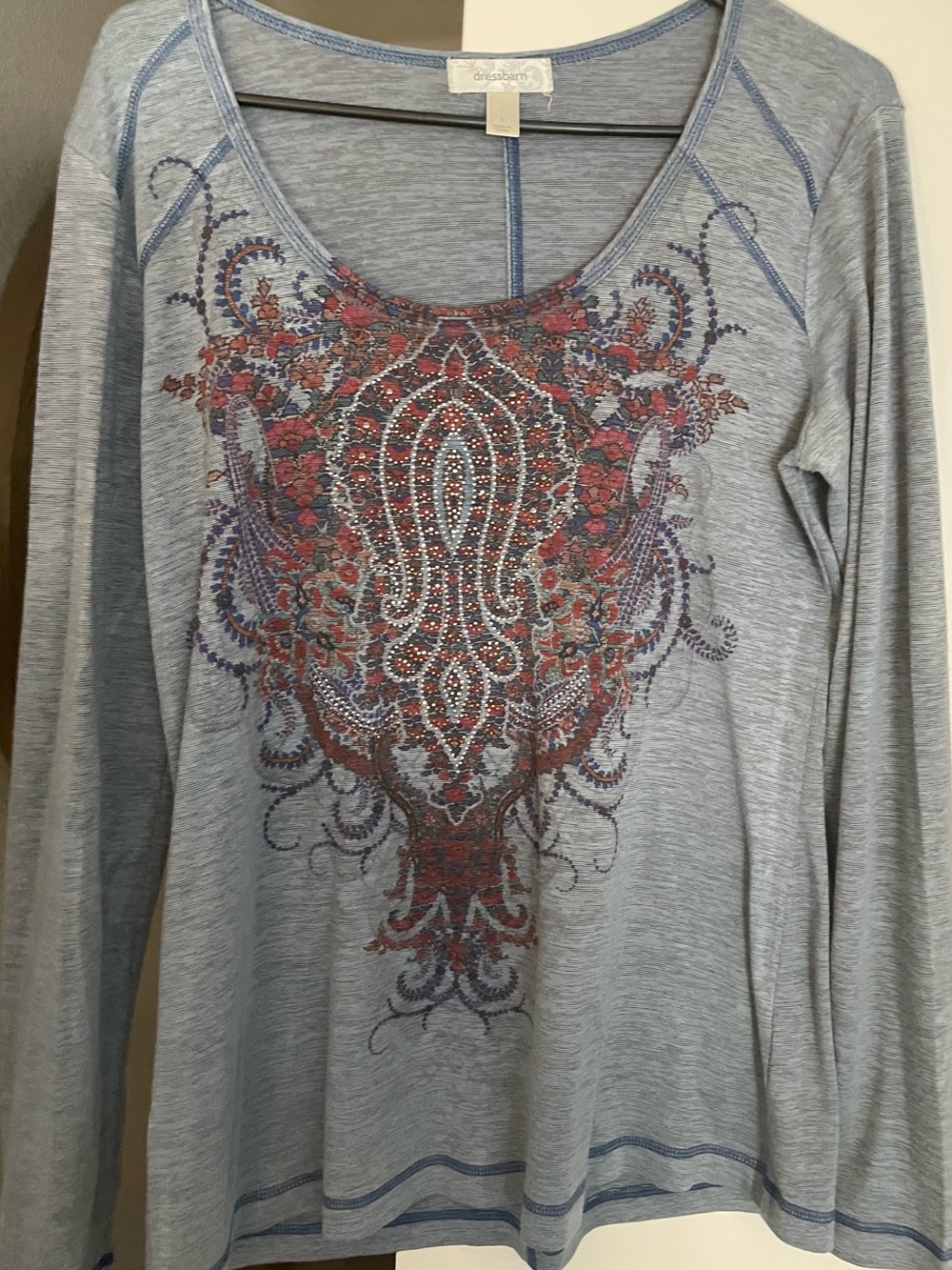 dressbarn Light Gray Long Sleeve Scoop Neck Top with Embellished Paisley Design